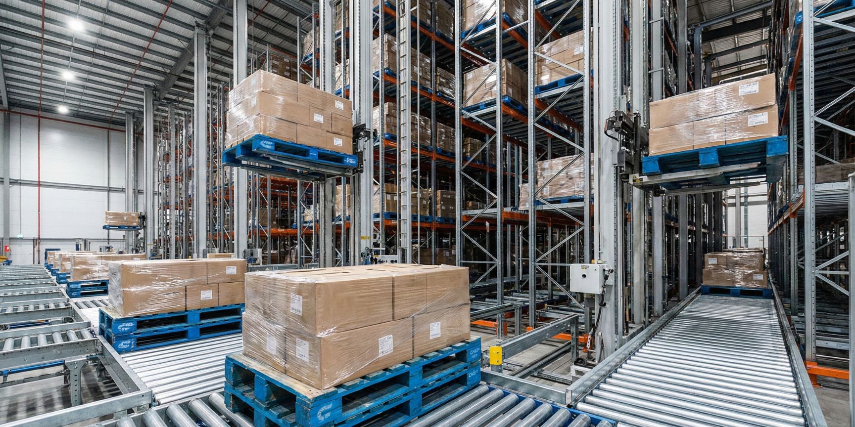 Automatisches Hochregallager mit blauen CHEP-Paletten auf Fördertechnik, illustriert das standardisierte Pooling-System in der modernen Lagerlogistik.